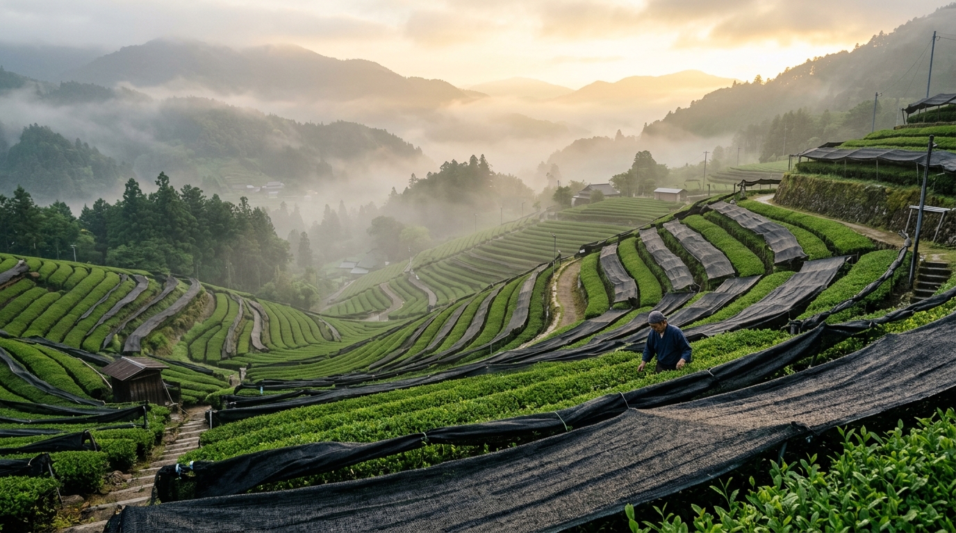 Terraced tea farms in Uji Kyoto covered with black shade cloth